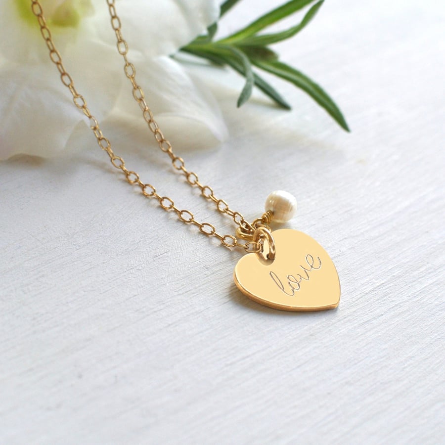 Personalised Gold 'love' Heart and Freshwater Pearl Necklace, Valentine's gift