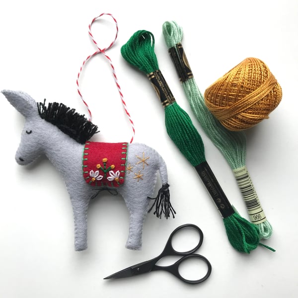 Hand Stitched Wool Felt Donkey Christmas Tree Decoration - pale grey