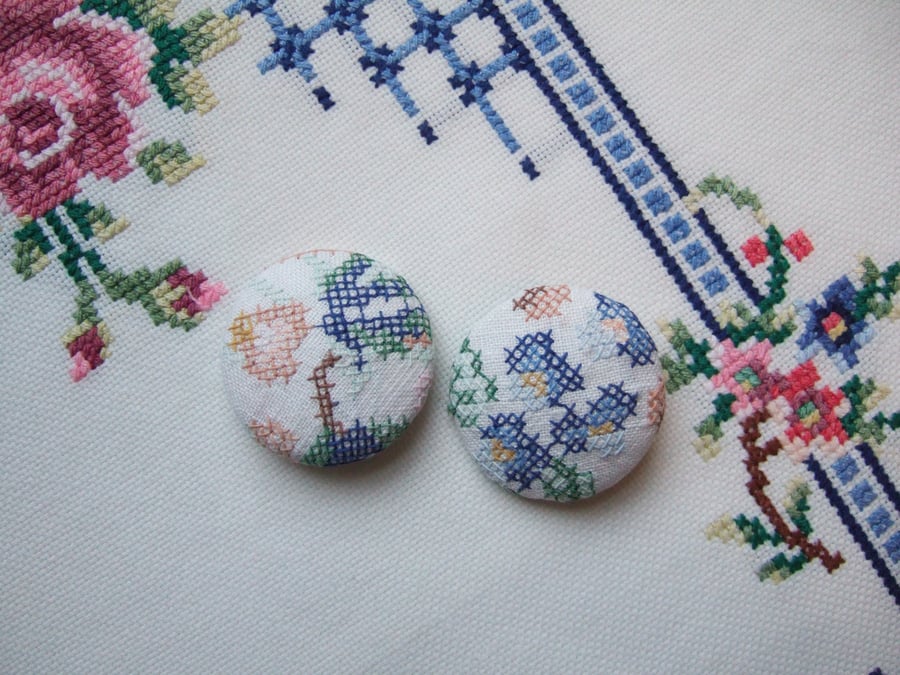 Two jumbo extra large buttons covered with vintage embroidery. Mothers Day gift.