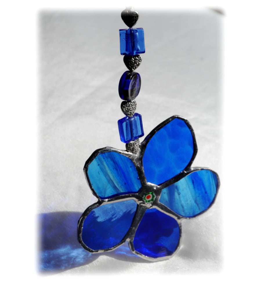 Flower Drop Suncatcher Stained Glass blue Beaded 005