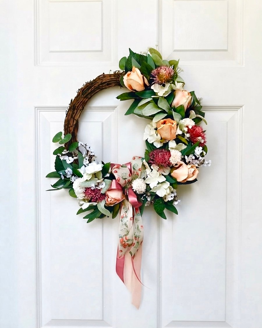 Handmade Half Wreath - Peach Rose Door Wreath - English Cottage Style