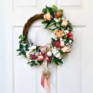 Handmade Half Wreath - Peach Rose Door Wreath - English Cottage Style