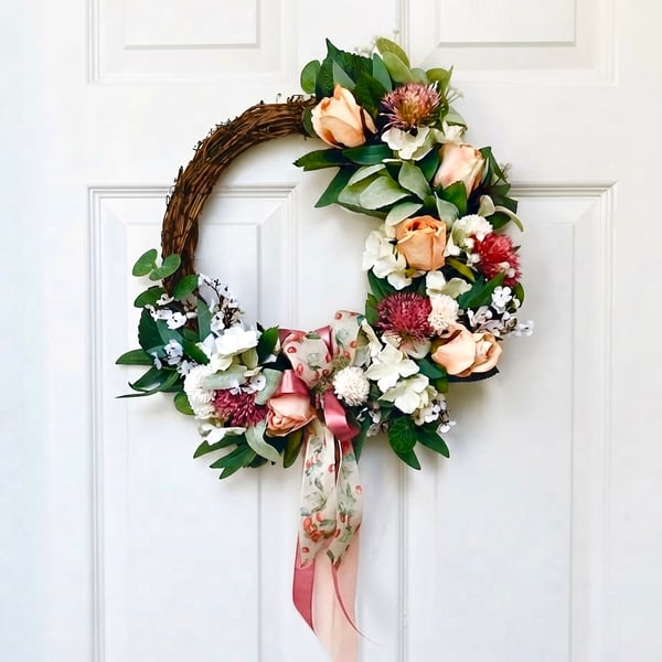 Handmade Half Wreath - Peach Rose Door Wreath - English Cottage Style