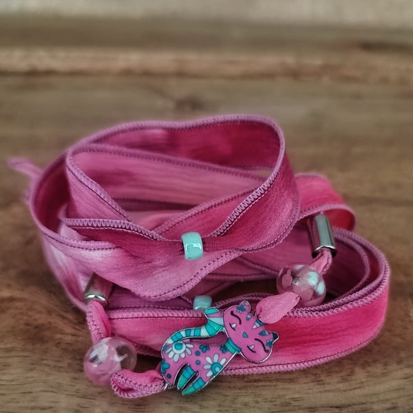 Boho Cat Silk Wrap Bracelet Pink