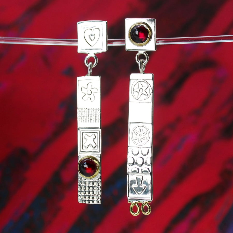 Handmade stud drop earrings, sterling silver and garnets with a gemstone choice.