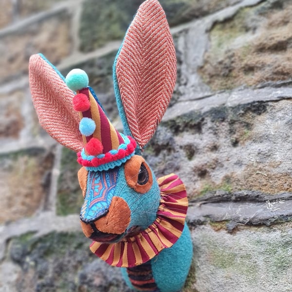 Faux hare head wall mount circus hare with hat ... - Folksy