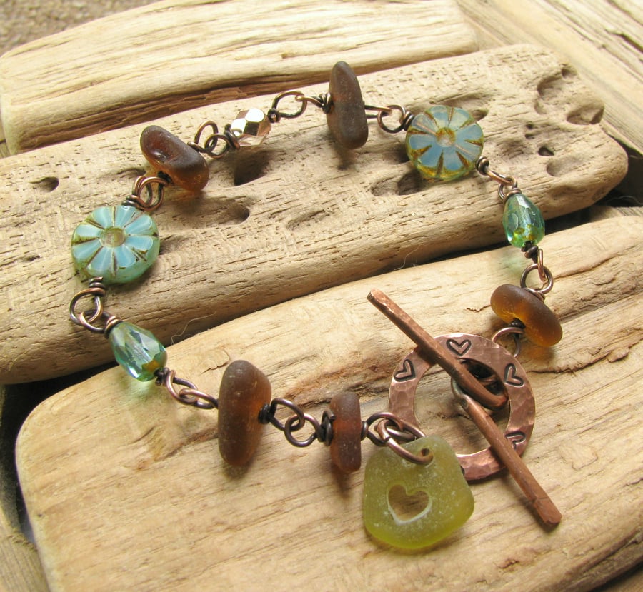 Natural sea glass and czech bead wrapped wire bracelet