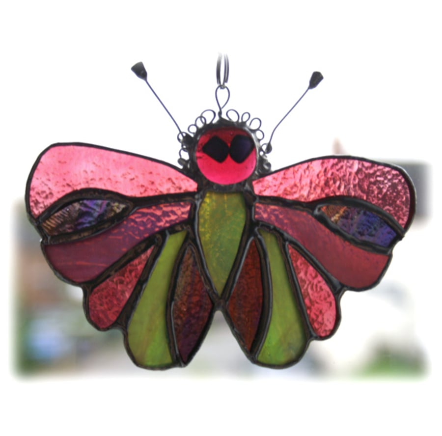 Cranberry Pink Butterfly Suncatcher Stained Glass Handmade 041