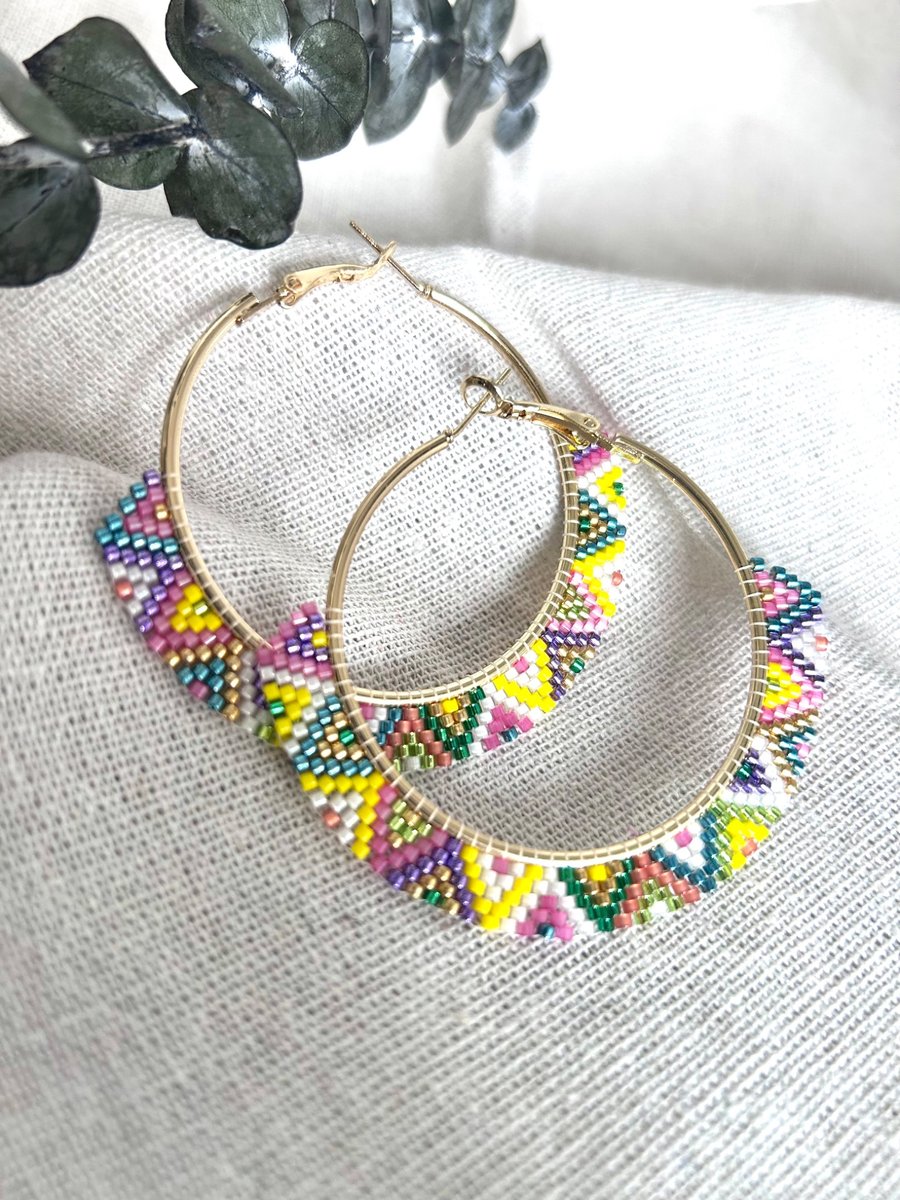 Colorful Beaded Hoop Earrings - Handmade Seed Bead Hoops