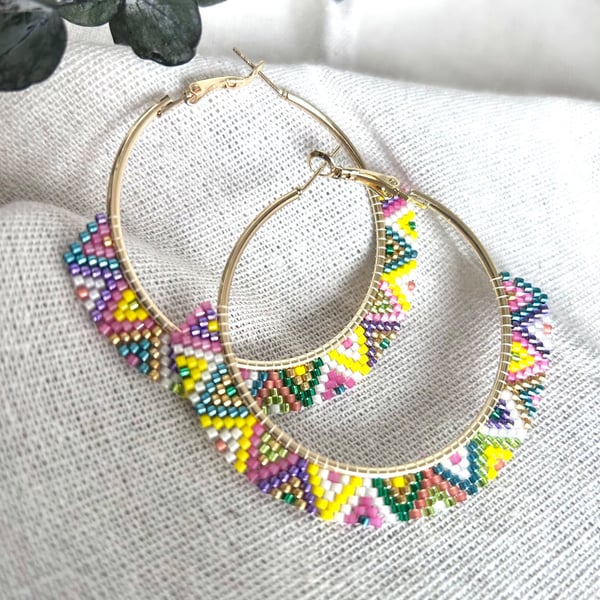 Colorful Beaded Hoop Earrings - Handmade Seed Bead Hoops