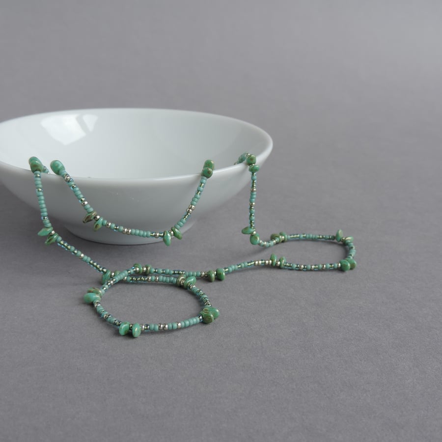Long Sage Green Necklace - Beaded Mint Necklaces - Spiky Jewellery