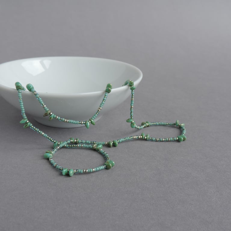 Long Sage Green Necklace - Beaded Mint Necklaces - Spiky Jewellery