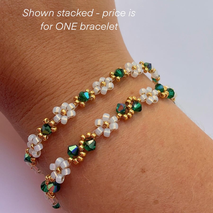May Birthstone Bracelet Gold & Opal Daisies with Green Emerald Inspired Crystal 