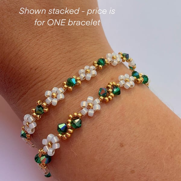 May Birthstone Bracelet Gold & Opal Daisies with Green Emerald Inspired Crystal 