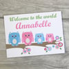 Personalised Owl New Baby Girl , Birth Congratulations Card