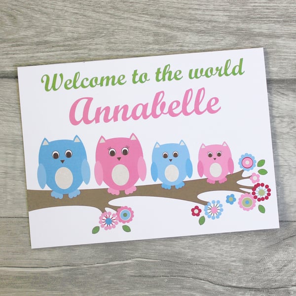 Personalised Owl New Baby Girl , Birth Congratulations Card