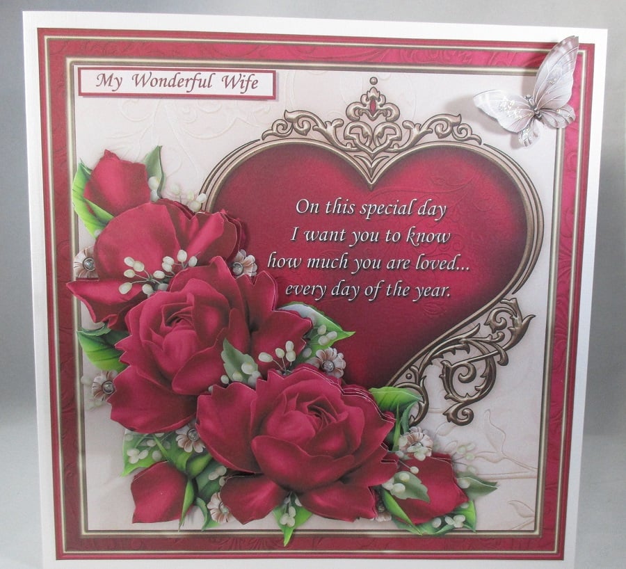 Decoupage, 3D Red Roses Birthday, Anniversary Card for Wife,Personalise