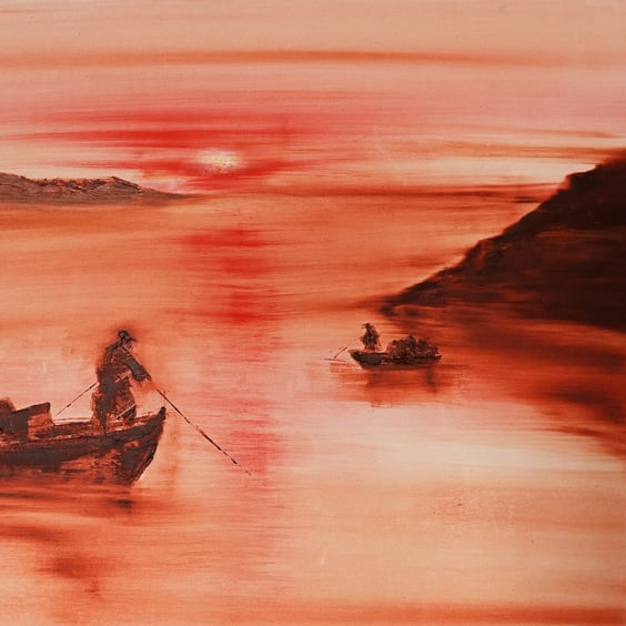 'Lobster Fishermen of Puffin Island' original oil painting.Size 19.5x15.5inch.