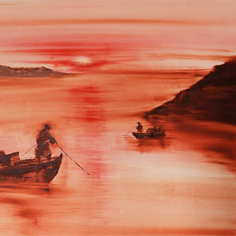 'Lobster Fishermen of Puffin Island' original oil painting.Size 19.5x15.5inch.