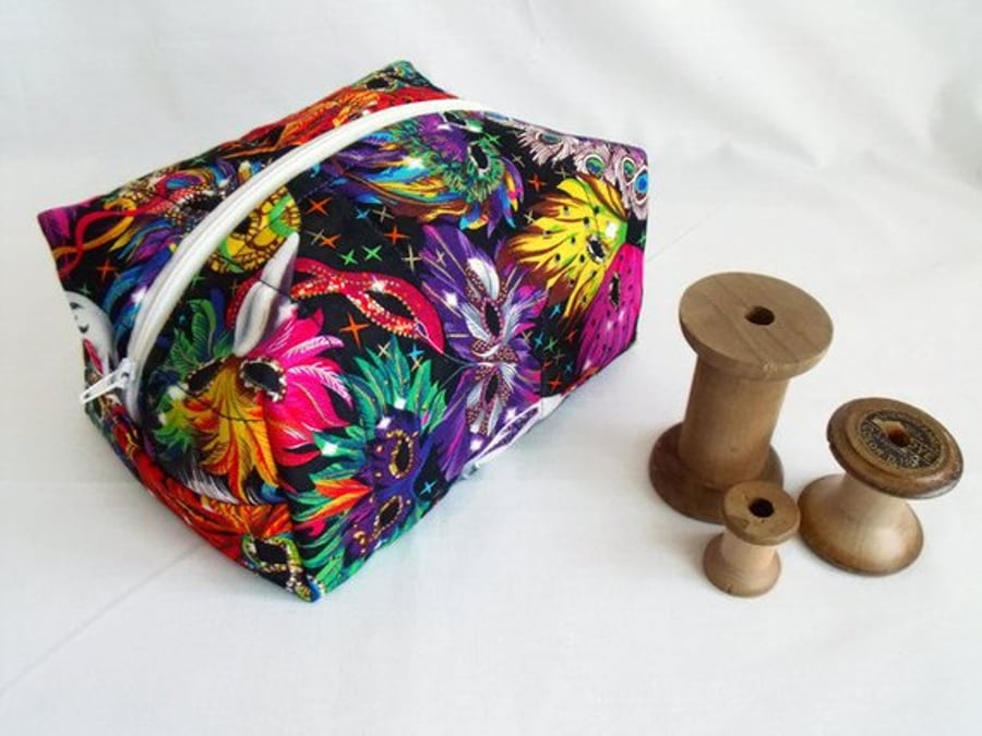 multicoloured zipped boxy make up pouch, pencil case or crochet hook case