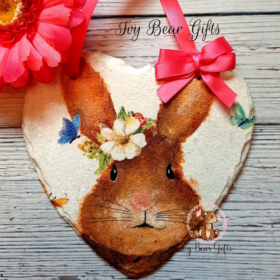 Rabbit slate heart decoration
