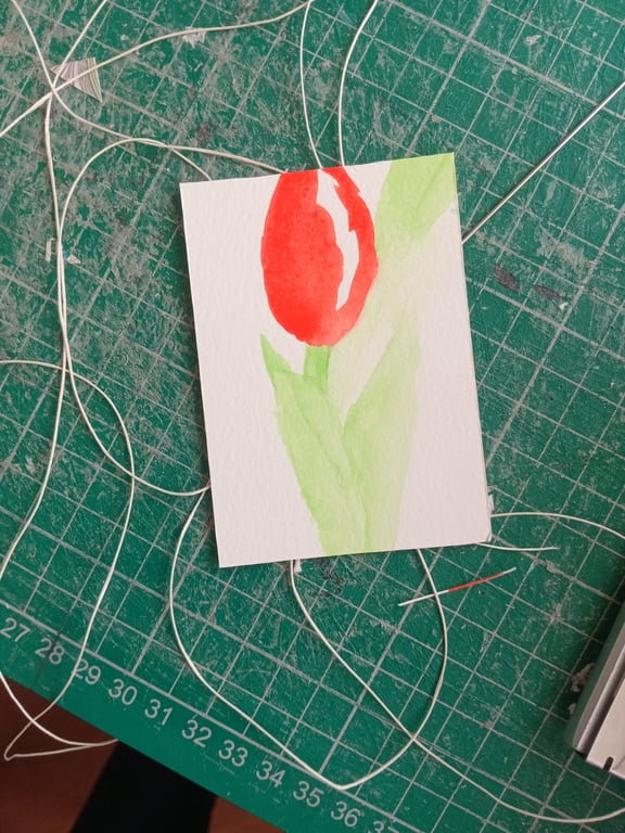 Aceo original watercolour painting stylised minimalist tulip red