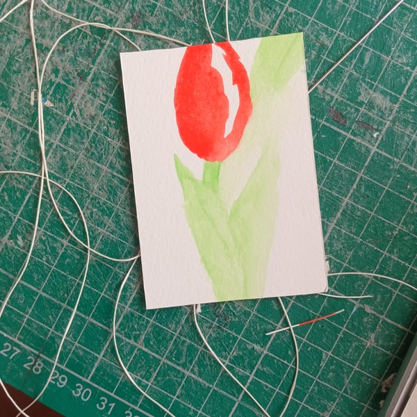 Aceo original watercolour painting stylised minimalist tulip red