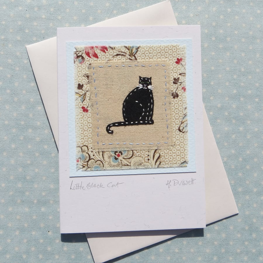 Little Black Cat hand-stitched miniature on card - good luck!