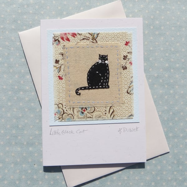Little Black Cat hand-stitched miniature on card - good luck!