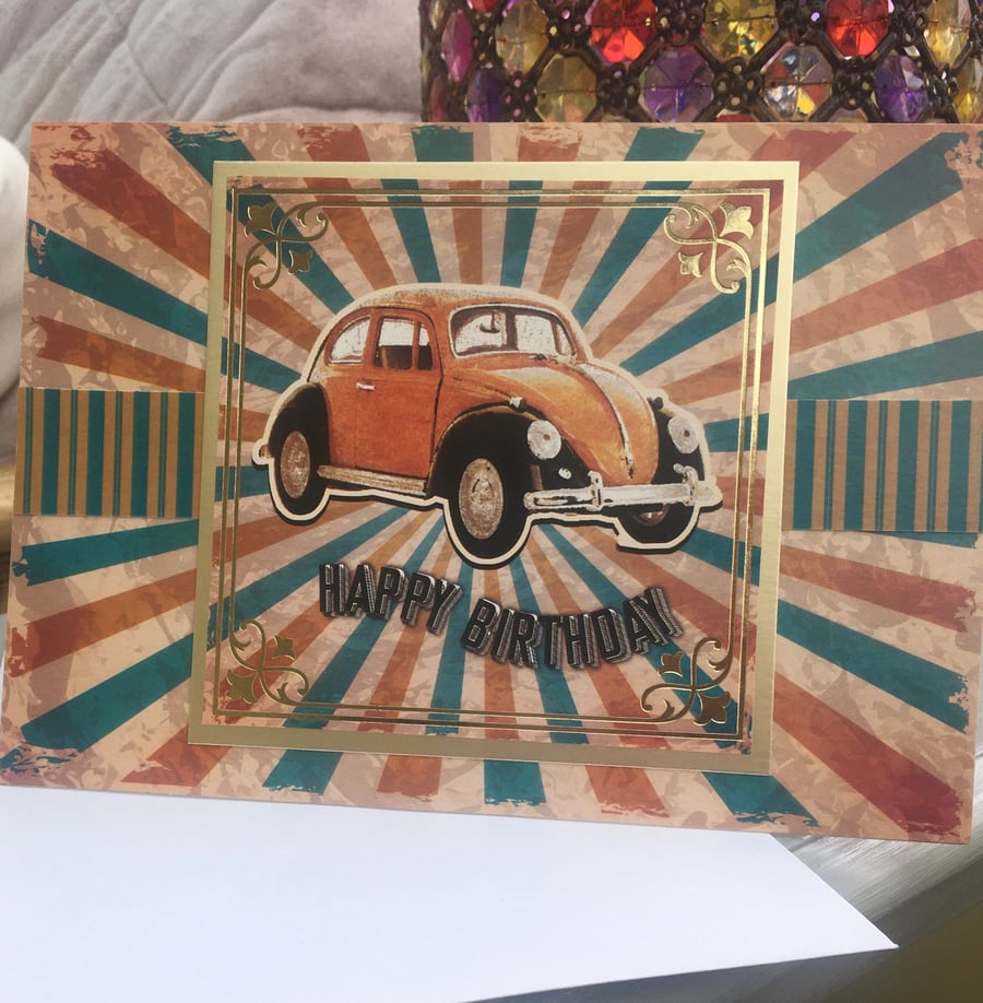 Classic VW Beetle sunburst birthday card