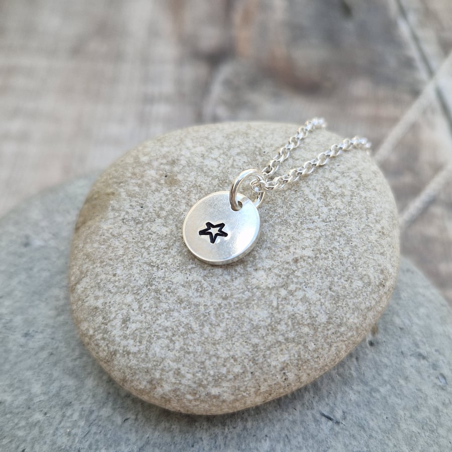 Sterling Silver Small Star Charm Disc Necklace 