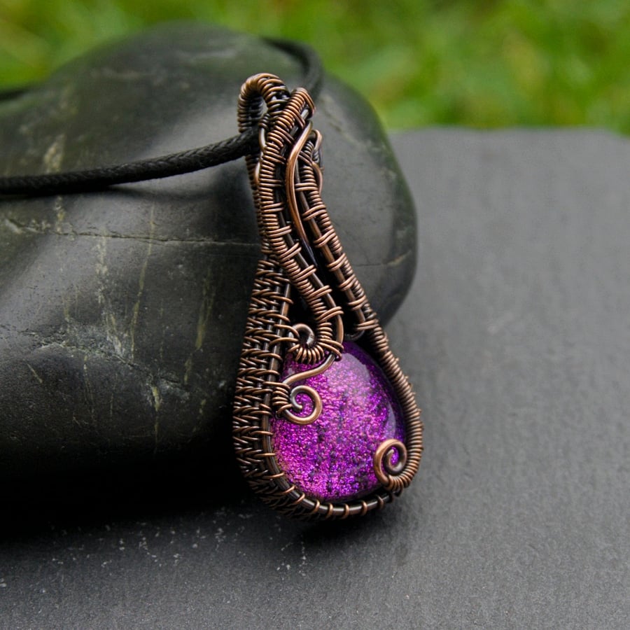 Copper Wire Wrapped Pendant with Purple Dichroic Glass