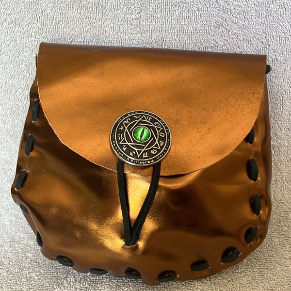 Bronze coloured Leather Medieval Style Pouch with Cats Eye Closure
