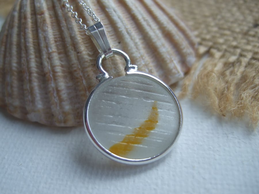 Japanese Sea Glass Ohajiki Marble Necklace Yellow Beach Game Piece 18" Sterling 
