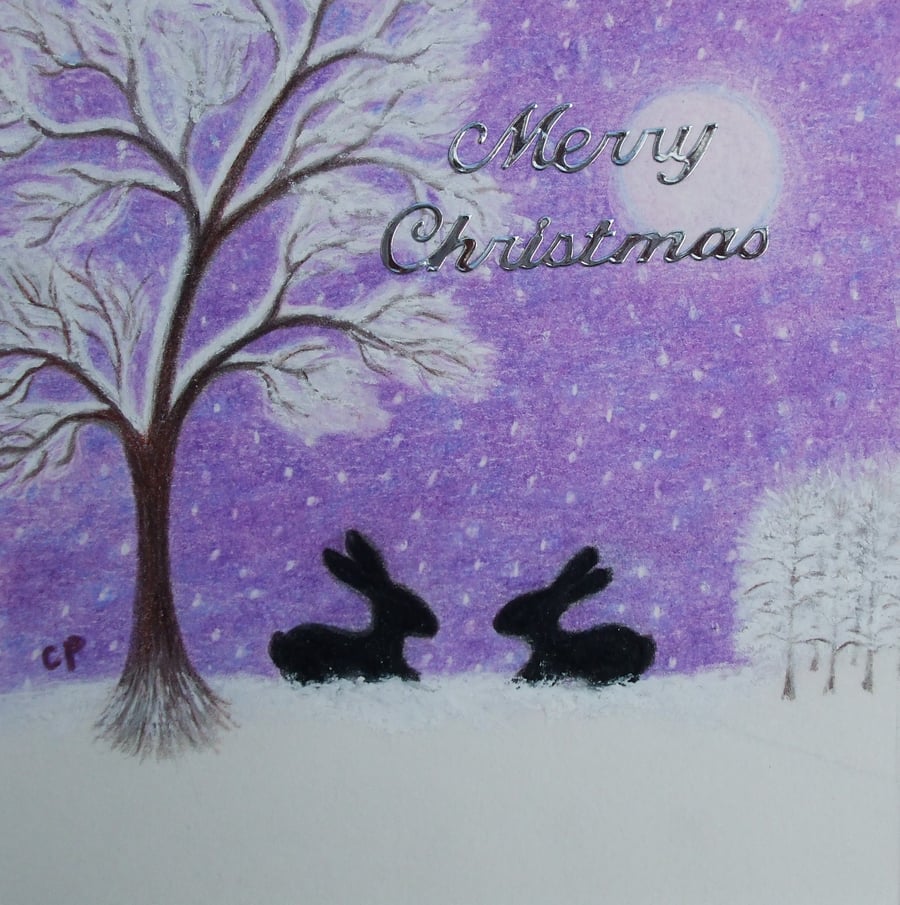 Rabbit Christmas Card, Purple Bunny Snow Card, Daughter Christmas Card, Rabbits