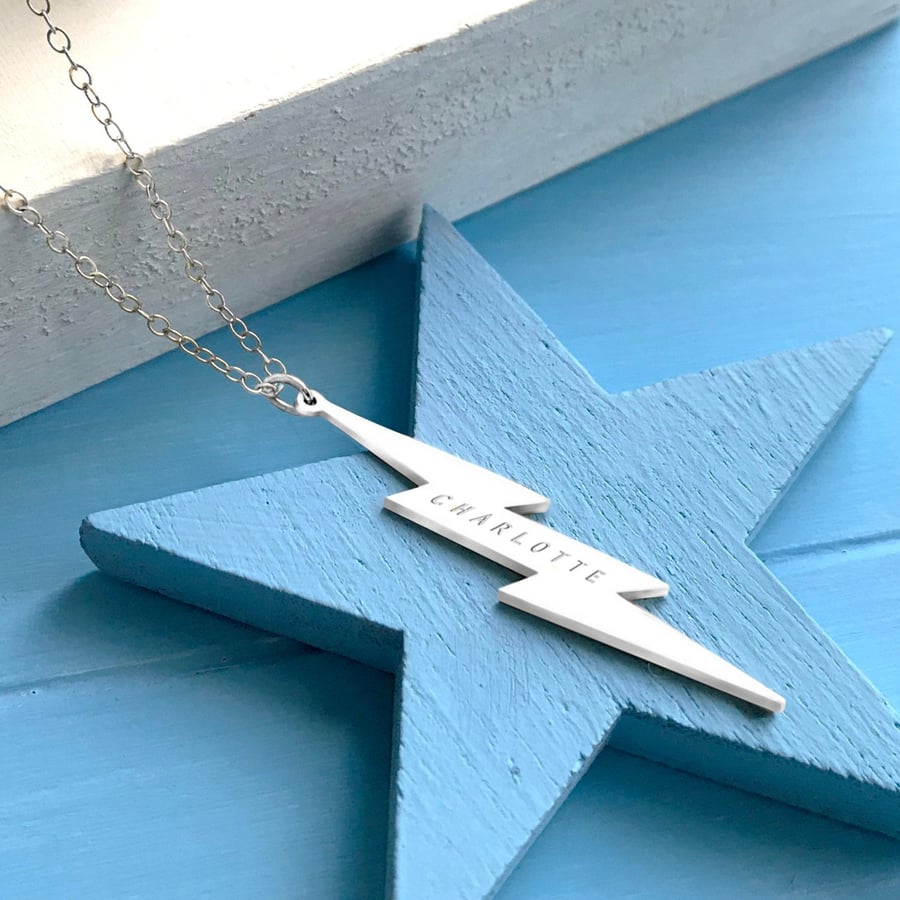 Personalised Sterling Silver Vertical Lightning Bolt Necklace, Valentine's gift