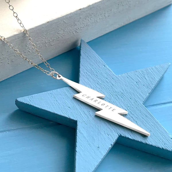 Personalised Sterling Silver Vertical Lightning Bolt Necklace, Valentine's gift
