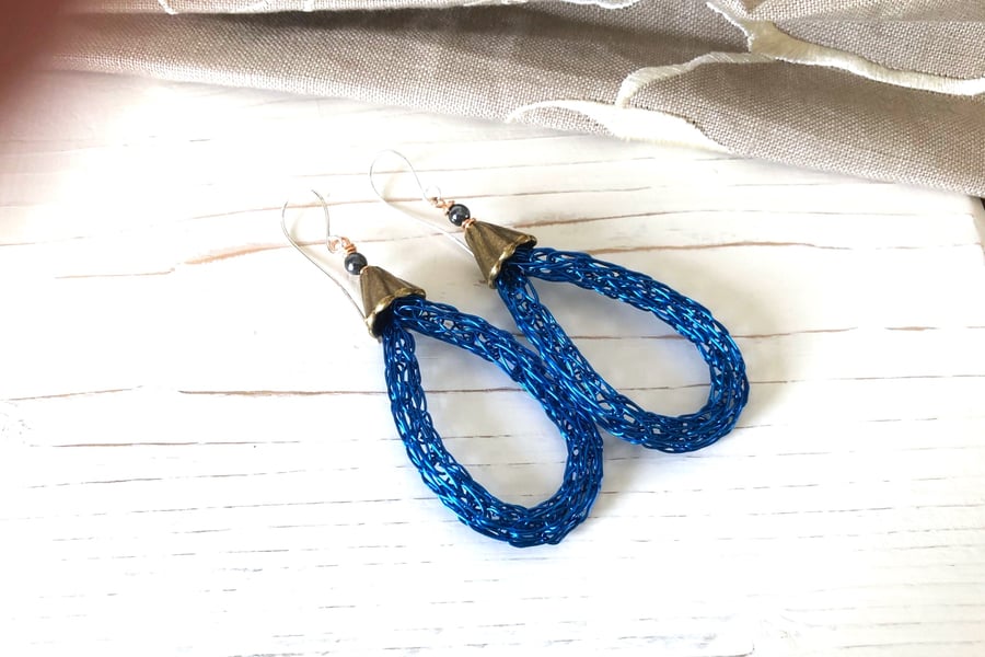 Woven Wire Drop Earrings in Deep Blue with Silver Ear Wires
