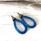 Woven Wire Drop Earrings in Deep Blue with Silver Ear Wires