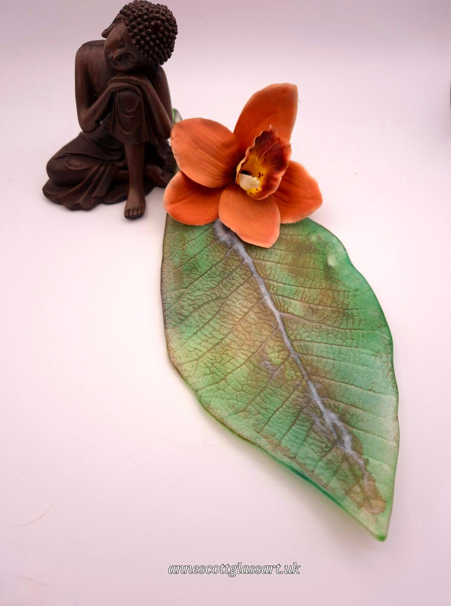 Unique Handmade Fused Glass Cloud Forest Magnolia Leaf Cast Summer Ends