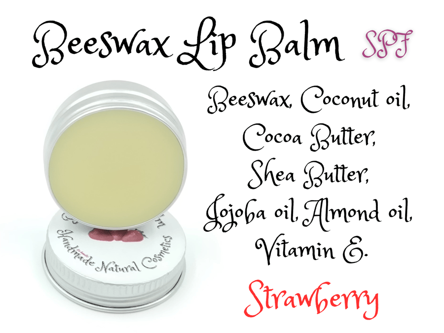 Beeswax Lip Balm. Strawberry flavour. Natural ingredients. SPF. Vitamin E.