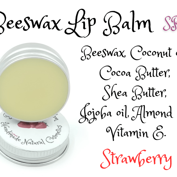 Beeswax Lip Balm. Strawberry flavour. Natural ingredients. SPF. Vitamin E.