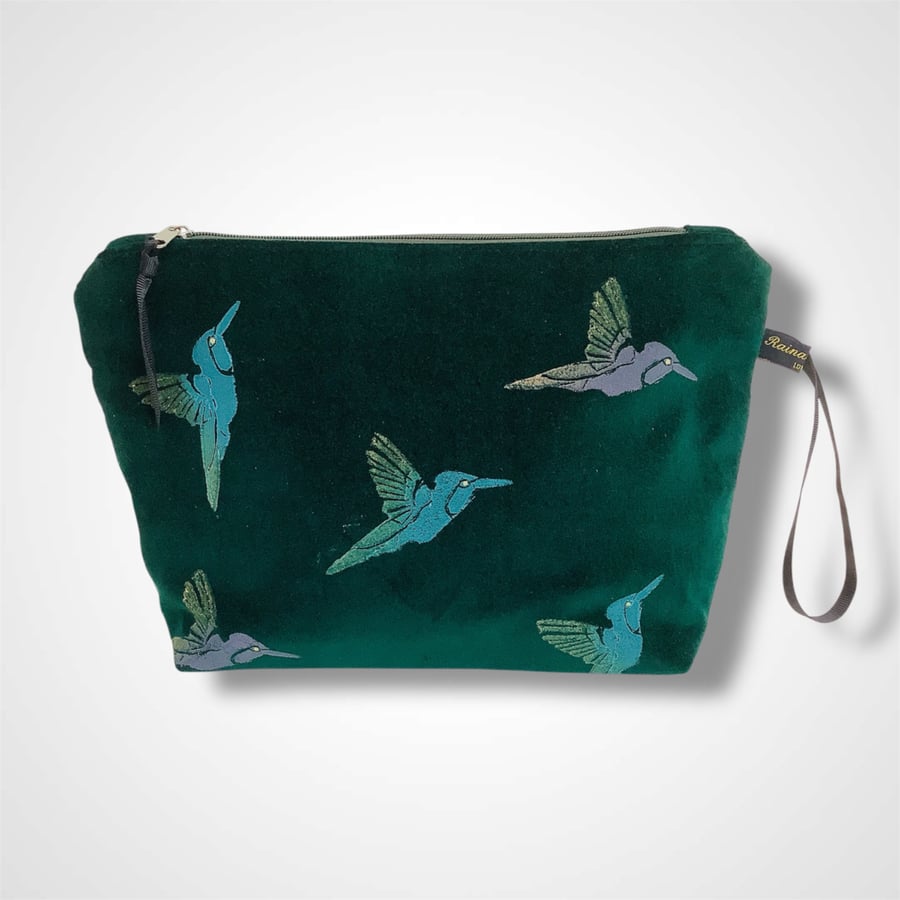 Green Hummingbirds Velvet Makeup Bag