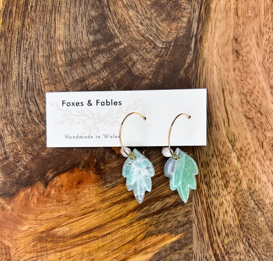 Dangly Aqua Leaf Hoop Earrings with Pearls