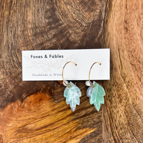 Dangly Aqua Leaf Hoop Earrings with Pearls