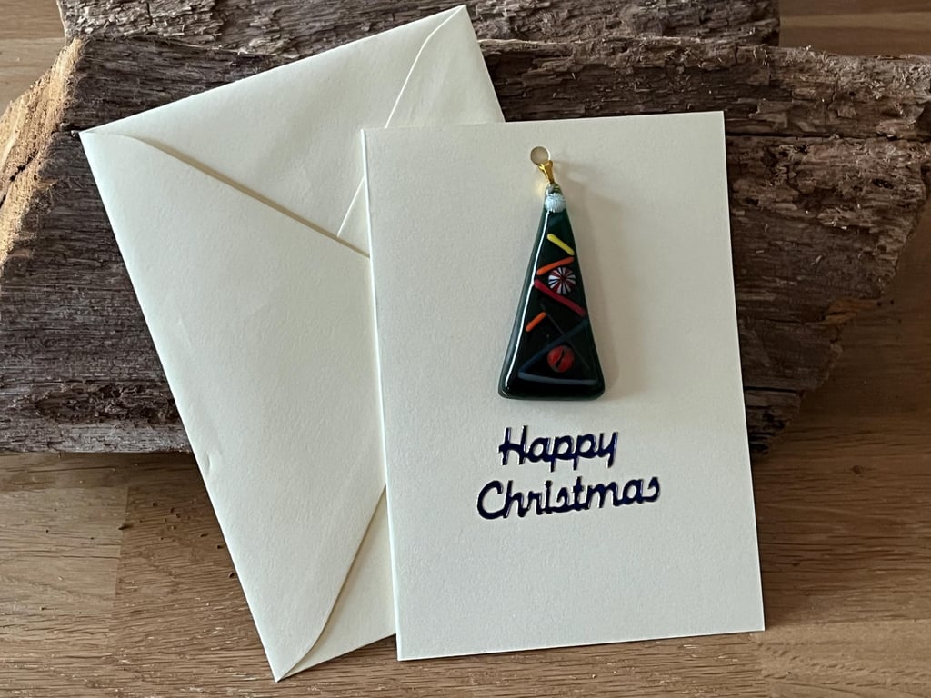Unique Handcrafted Christmas Card with Artisan Fused Glass Tree Keepsake