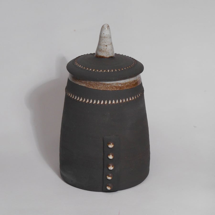 Trinket Pot Black clay Stoneware with lid and dots.