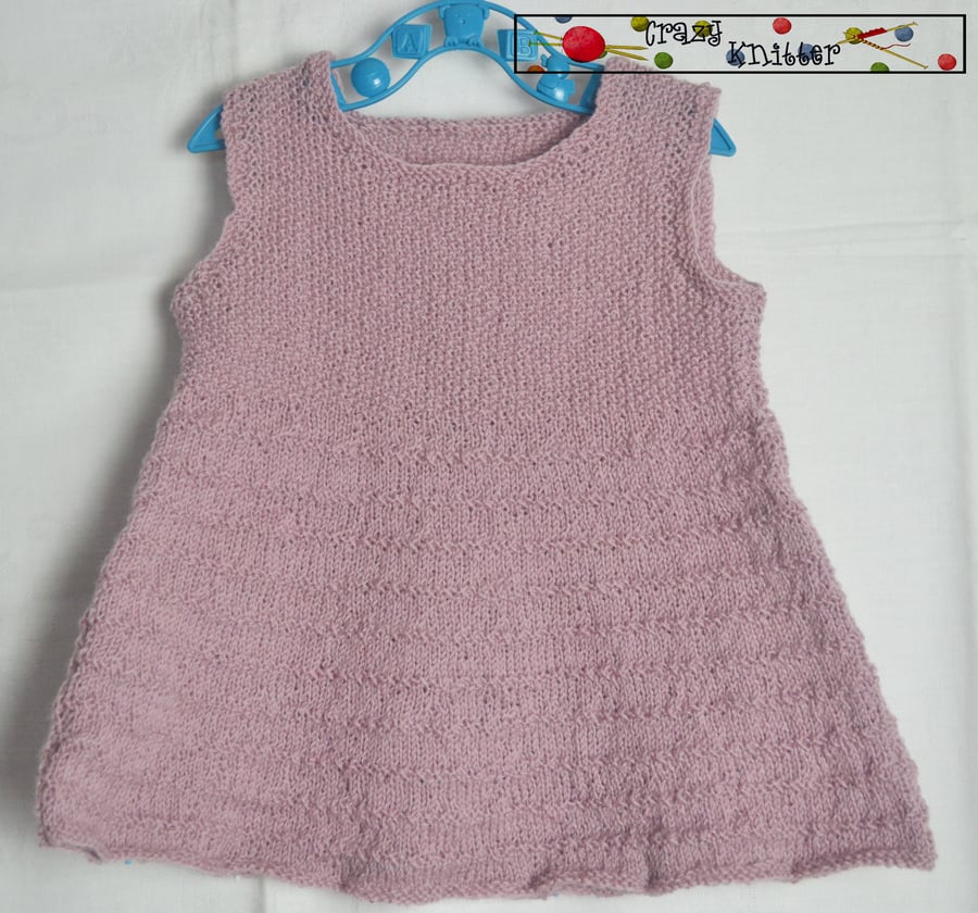 Hand Knitted Baby Sleeveless Pinafore Dress Old Rose 100% Virgin Wool 3-6months