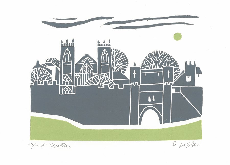 York Walls, Original Linocut, Lino Print by Giuliana Lazzerini