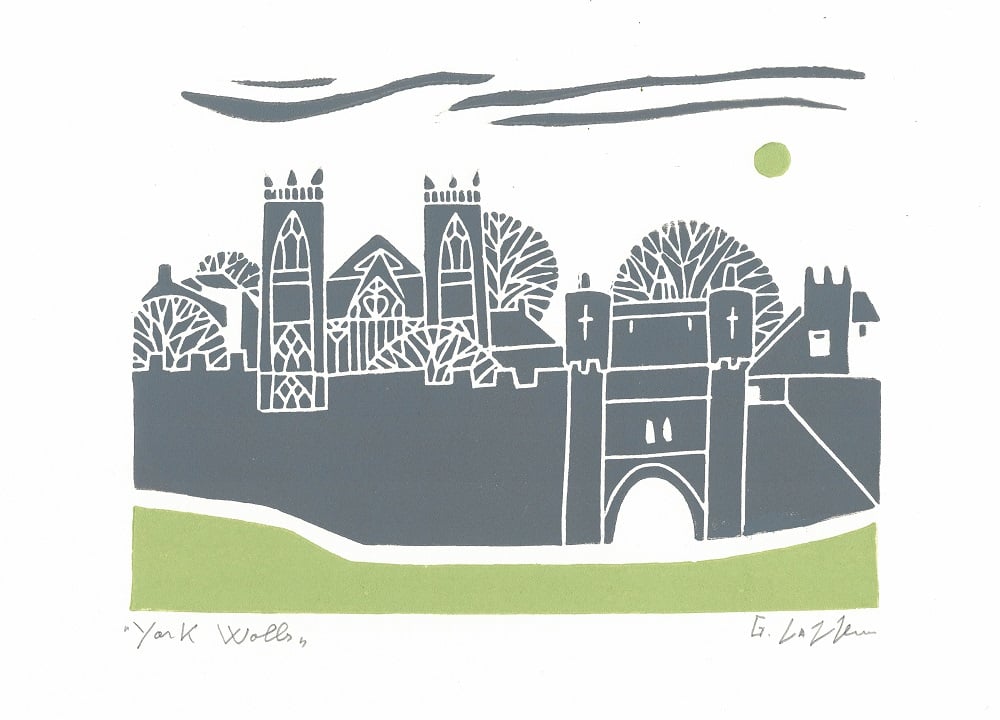 York Walls, Original Linocut, Lino Print by Giuliana Lazzerini